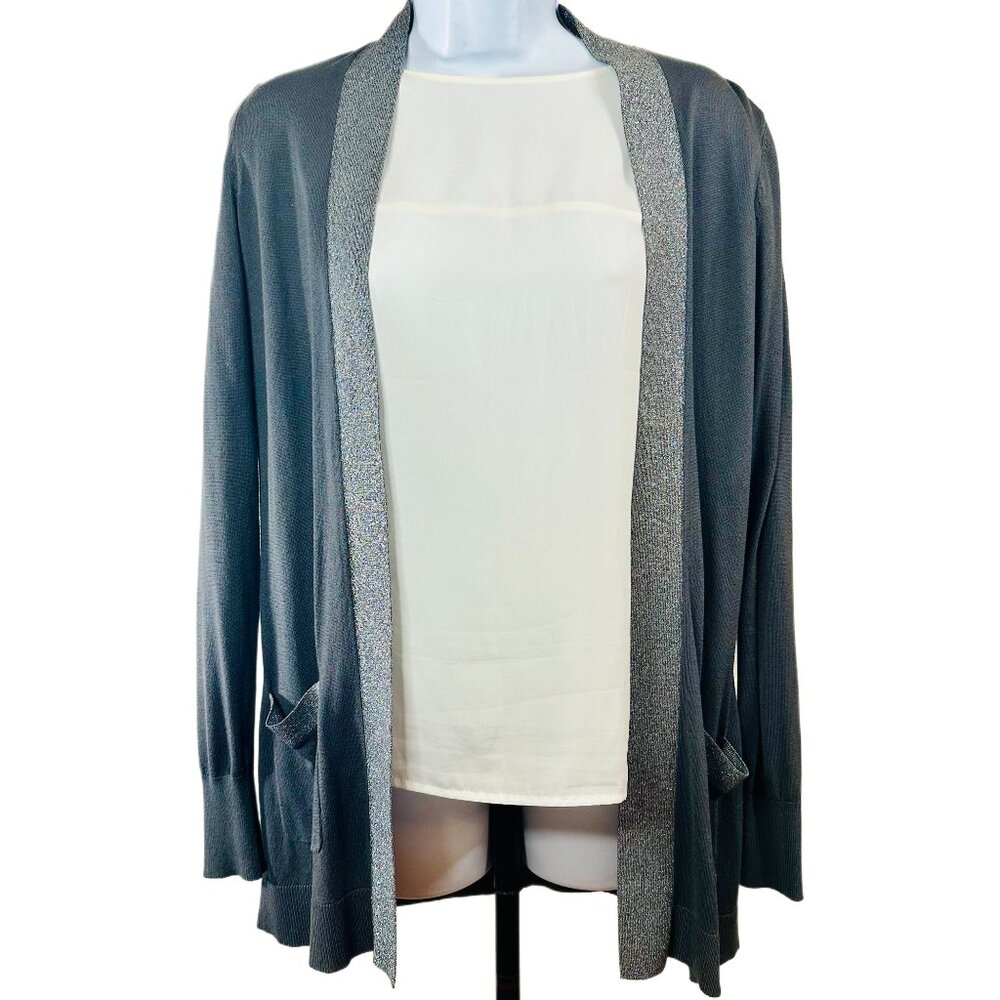H&M Grey Knit Cardigan with Chiffon Back & Silver Trim - Size M